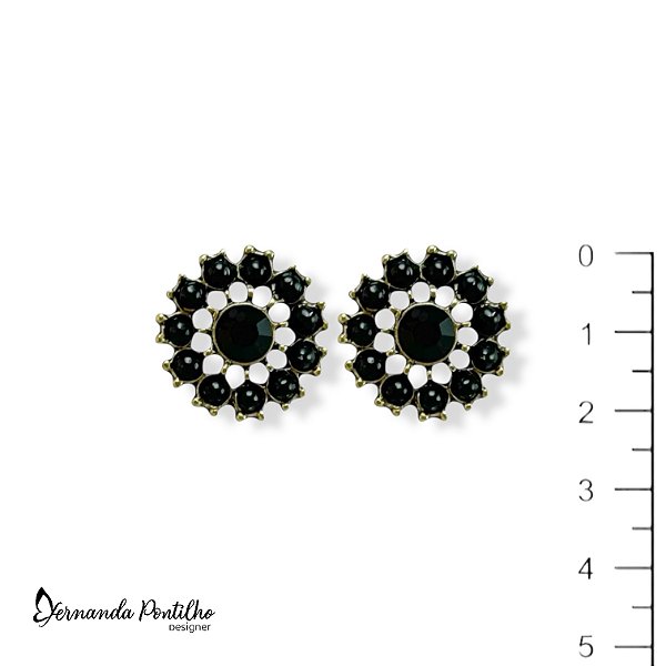 BRINCO FLOR C/ BOLINHAS E STRASS PRETO 12600