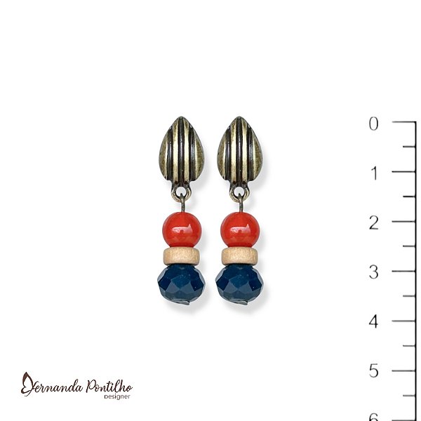 Brinco bola, disquinho e cristal - marinho, bege e terracota 12606