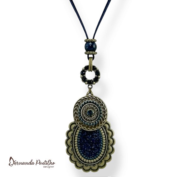 Colar longo c/ cordão e pingentes de metal c/ strass e cascalho - azul marinho 12613