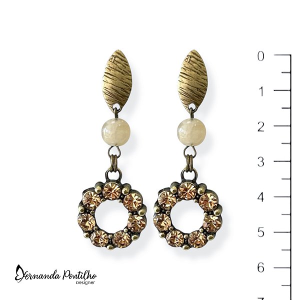 Brinco bola mesclada e rodinha de strass bege e dourado 12635
