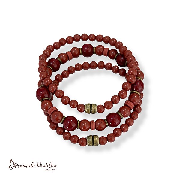 Kit c/ 3 pulseiras de bolas marsala 12625
