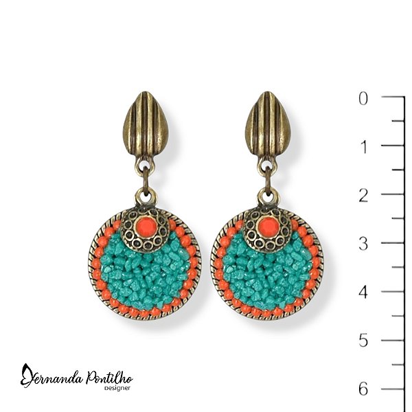Brinco chapa c/ cascalho e pto de luz - coral e turquesa 12615