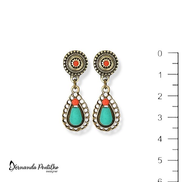 Brinco gotinha e strass - coral e turquesa 12616