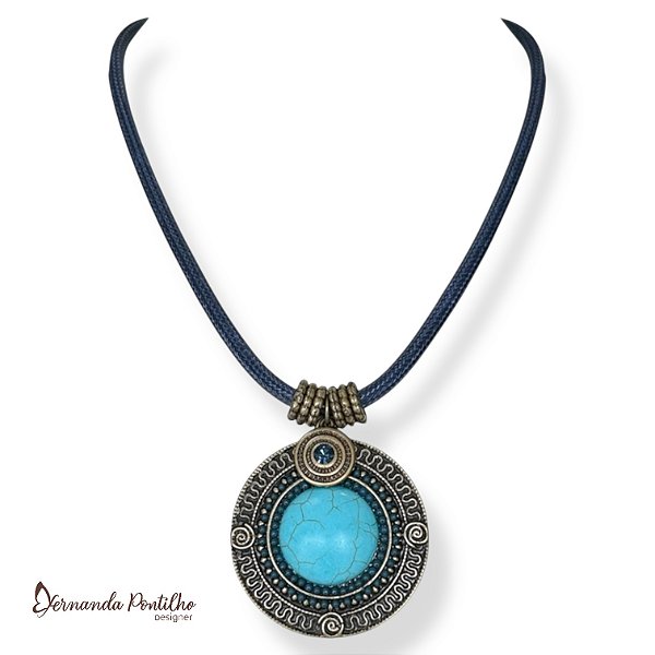 Colar curto cordão e mandala c/ pedra natural - marinho e turquesa 12637