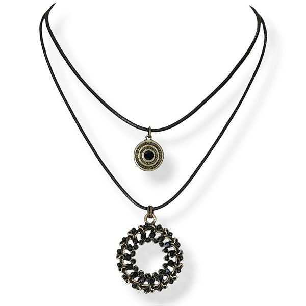 Colar curto 2 voltas de cordão e mandalas c/ strass - preto 12647