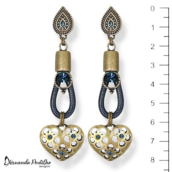 Brinco c/ gota de cordão, pto de luz e coração c/ strass - azul marinho 12652