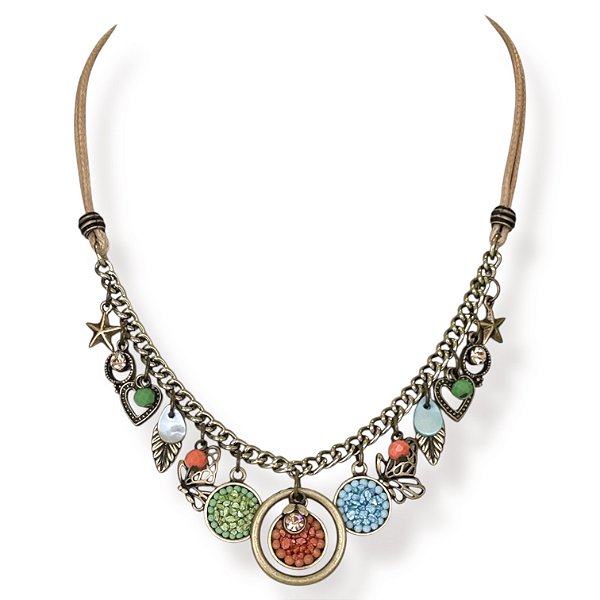 Colar curto c/ cordão, corrente, berloques, strass e chapinhas c/ cascalho - candy color 12655