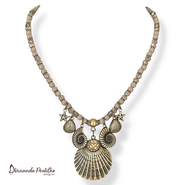 Colar curto c/ cristais e berloques fundo do mar - nude e dourado 12669
