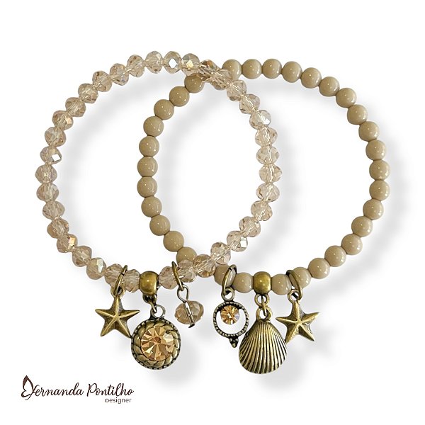 Kit c/ 2 pulseiras de bolas, cristais e berloques fundo do mar - nude e dourado 12670