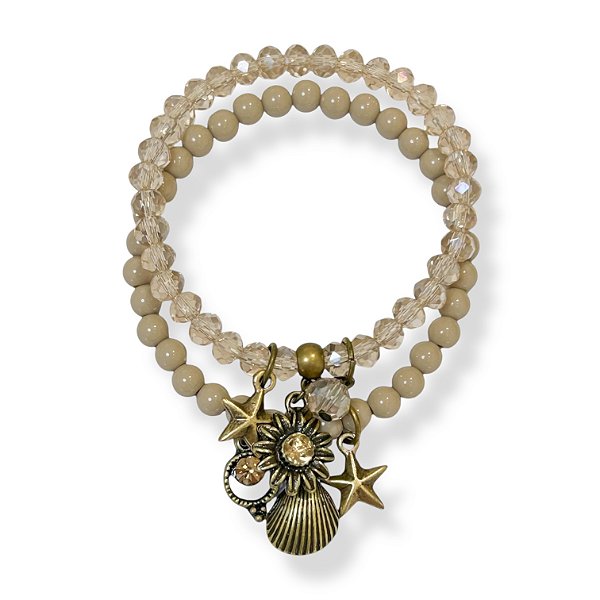 Kit c/ 2 pulseiras de bolas, cristais e berloques fundo do mar - nude e dourado 12670