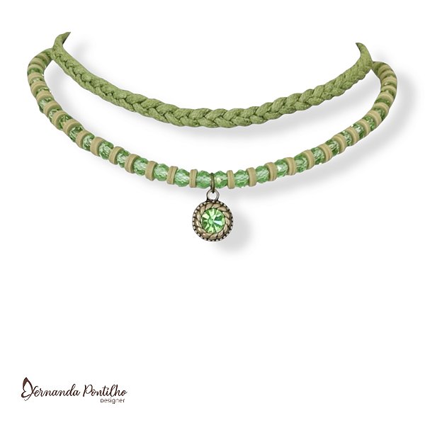 Choker 2 voltas c/ trança de cordão, cristais e pto de luz - verde 12672