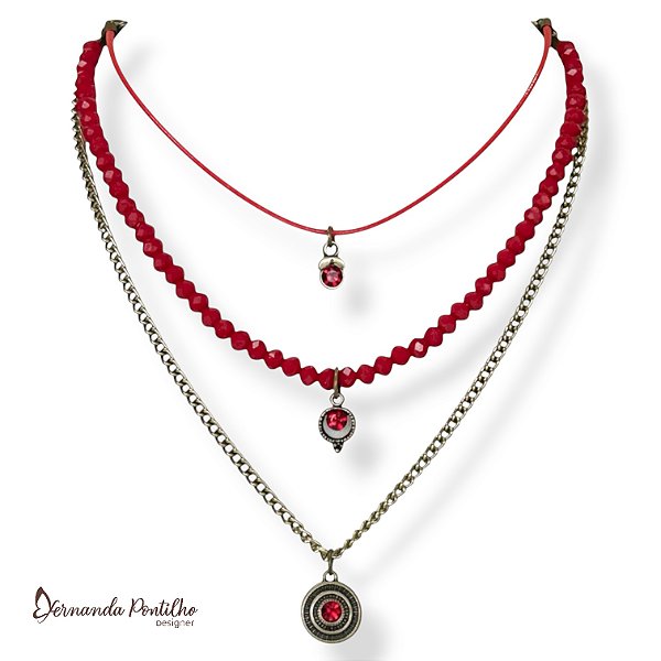 Colar curto 3 voltas vermelho 12690