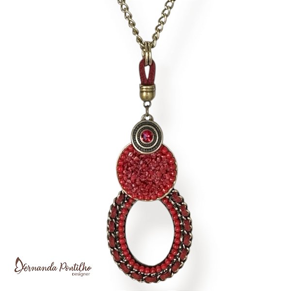 Colar longo c/ pingentes customizados c/ bolinha, cascalho, cordão e strass - vermelho 12665