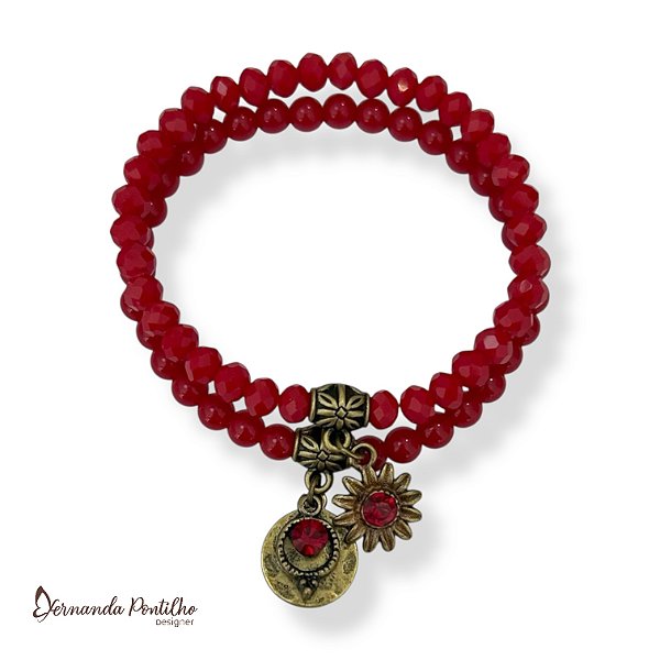 Kit c/ 2 pulseiras de bolas, cristais e berloques - vermelho 12671