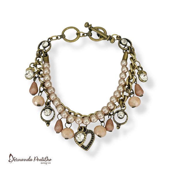 Pulseira 2 voltas c/ pérolas, cristais, berloques e ptos de luz - rosa empoeirado 12693