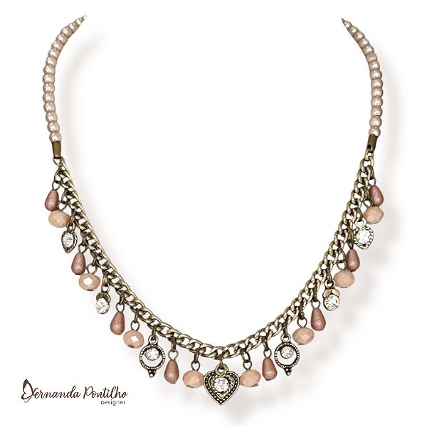 Colar curto c/ pérolas, cristais, berloques e ptos de luz - rosa empoeirado 12692