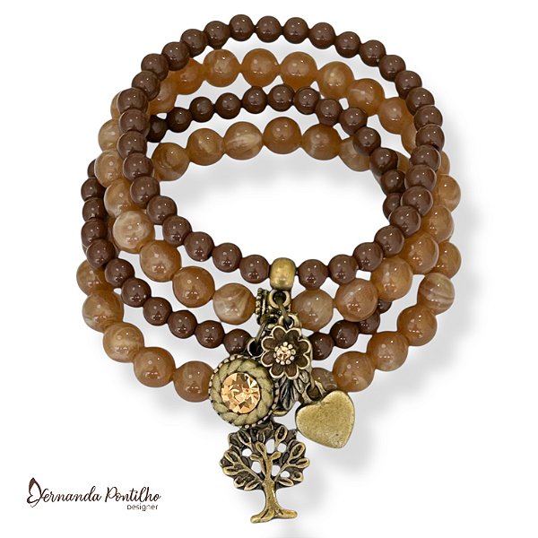 Kit c/ 4 pulseiras de bolas e berloques marrom 12704