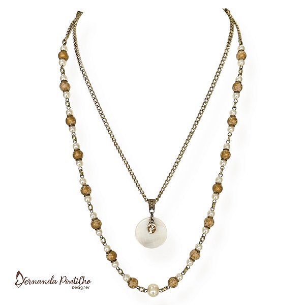 Colar médio 2 voltas c/ bolas, ping. de madrepérola e pto de luz - branco, pérola e dourado 12697