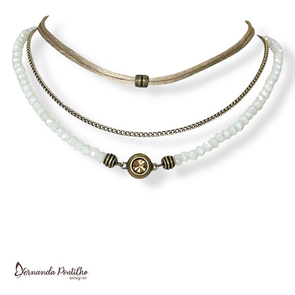 Chocker 3 voltas c/ cordão, corrente, cristais e pto de luz - branco e dourado 12689