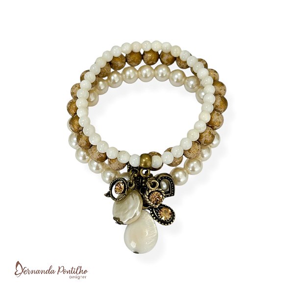 Kit c/ 3 pulseiras de bolas, madrepérolas e berloques - pérola e dourado 12695