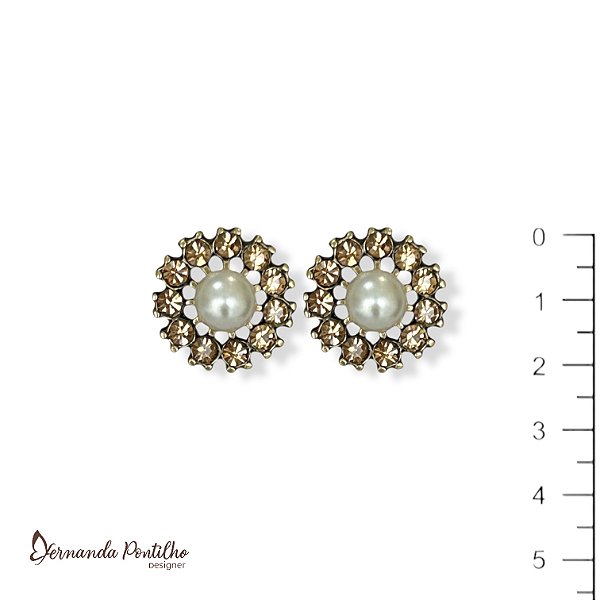Brinco flor c/ pérola e strass dourado 12715