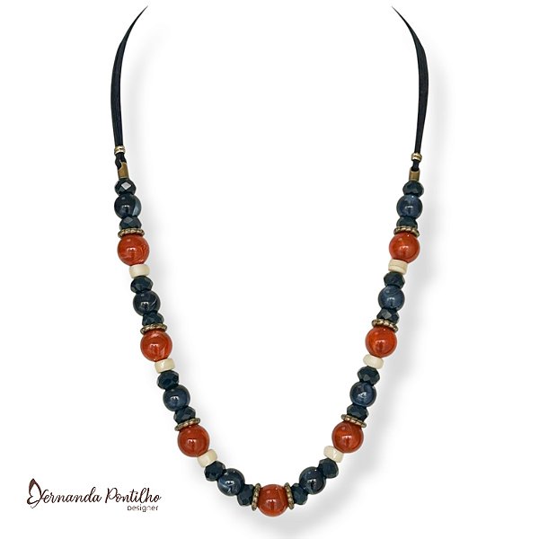 Colar médio c/ cordão, bolas e cristais - marinho, off e terracota 12713