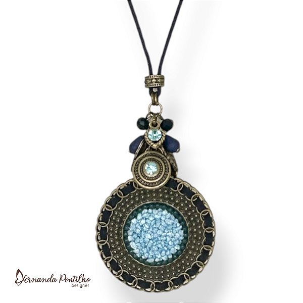 Colar longo c/ cordão, cachinho e mandala customizada - azul marinho e aquamarine 12720