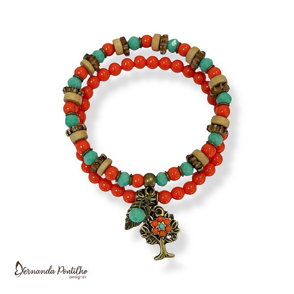 Kit c/ 2 pulseiras de contas, cristais e berloques - coral e turquesa 12717