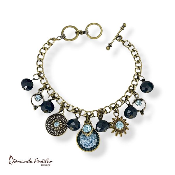 Pulseira c/ cristais e berloques - azul marinho e aquamarine 12723
