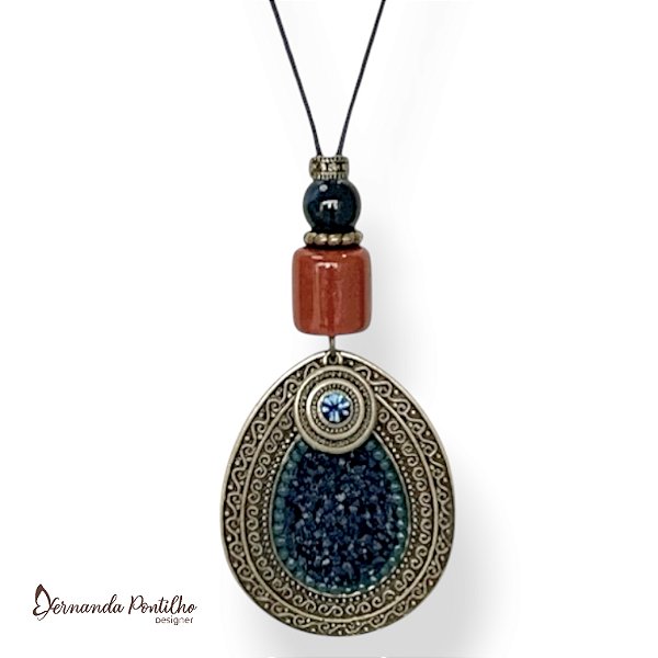 Colar longo c/ cordão, resinas e gota customizada - azul marinho e terracota 12724