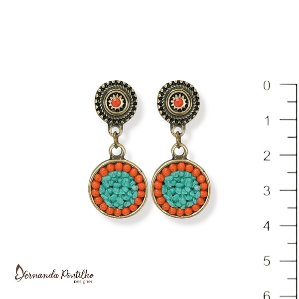 Brinco chapinha c/ cascalho - coral e turquesa 11529