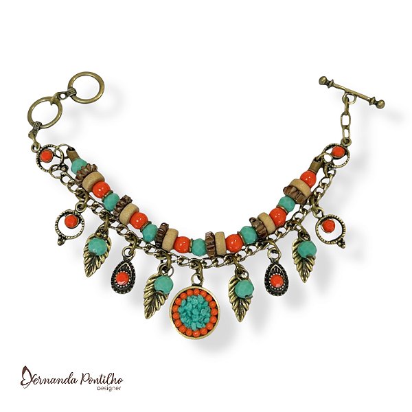 Pulseira 2 voltas c/ contas e berloques - coral e turquesa 12728