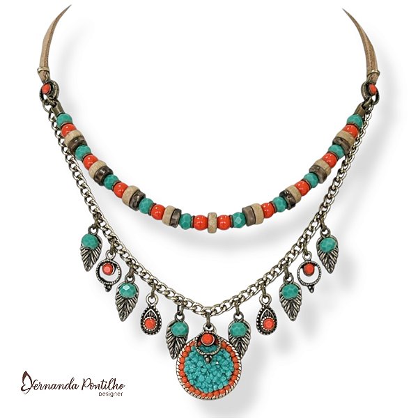 Colar curto 2 voltas c/ contas e berloques - coral e turquesa 12729
