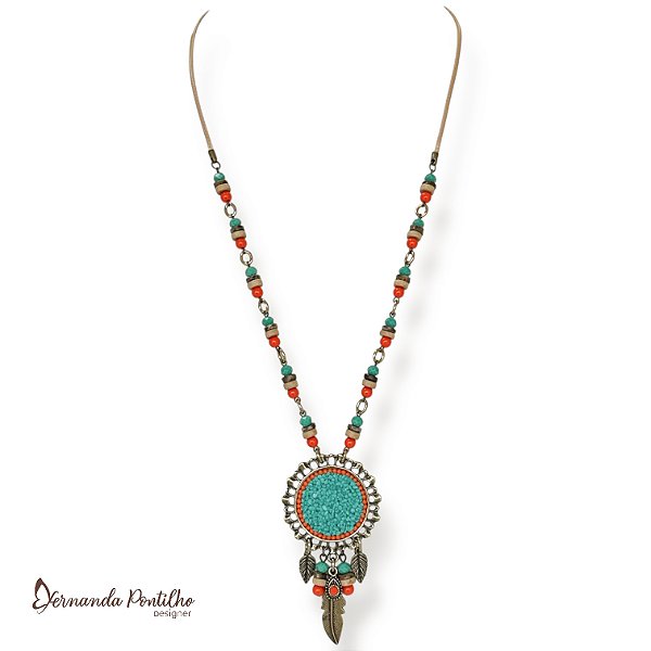 Colar longo c/ contas, mandala customizada e berloques - coral e turquesa 12727
