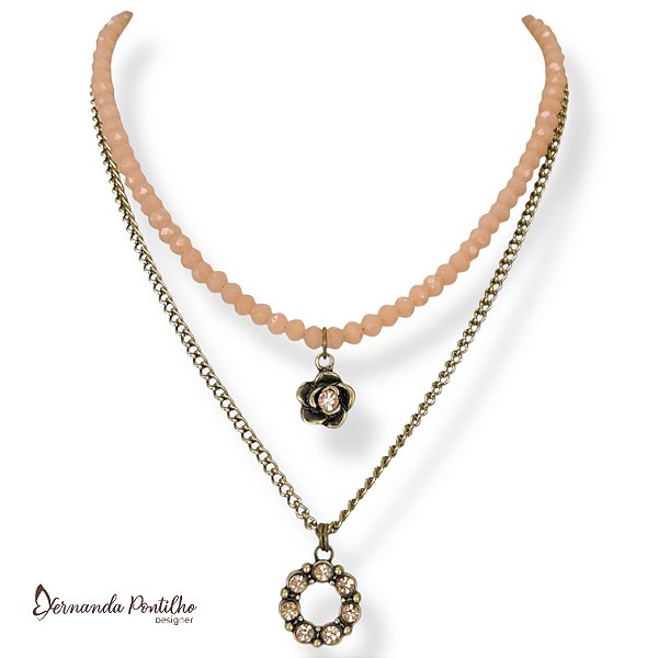 Colar curto 2 voltas c/ cristais, corrente e berloques de strass - salmão 12755