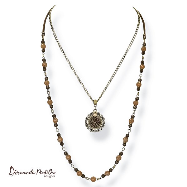 Colar médio 2 voltas c/ contas e mandala c/ cascalho e pto de luz - marrom 12740