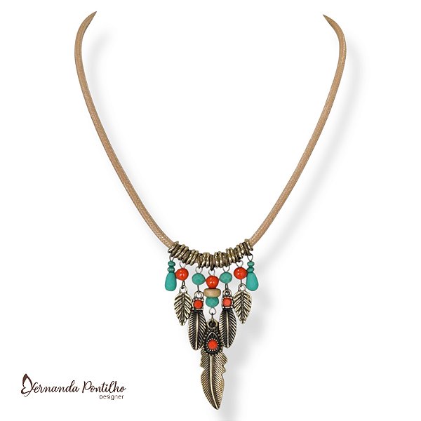 Colar curto c/ cordão, cristais, contas e folhinhas - coral e turquesa 12766