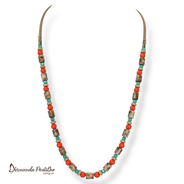 Colar médio c/ cordão, contas e cristais - coral e turquesa 12767