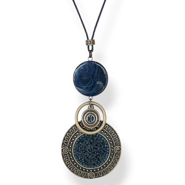 Colar longo de cordão ajustável c/ pedra de resina e mandala c/ cascalho - azul marinho 12764
