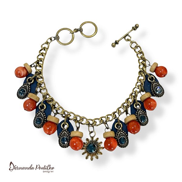 Pulseira c/ berloques e strass - marinho, bege e terracota 12738