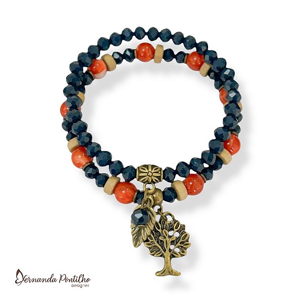 Kit c/ 2 pulseiras de cristais, contas e berloques - marinho, bege e terracota 12726