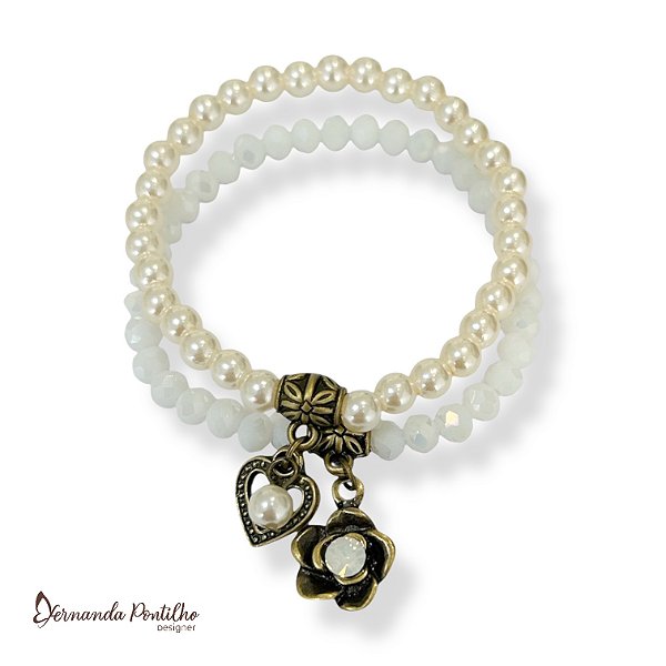 Kit c/ 2 pulseiras de bolas, cristais e berloques - branco e pérola 12776