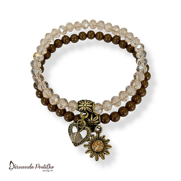 Kit c/ 2 pulseiras de bolas, cristais e berloques - Marrom 12763