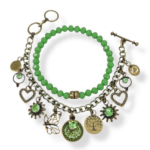 Kit c/ 2 pulseiras de cristais e berloques - verde 12790