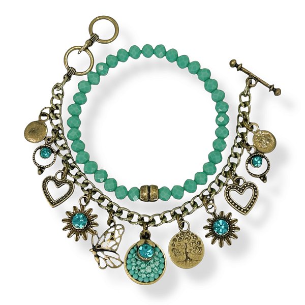 Kit c/ 2 pulseiras de cristais e berloques - turquesa 12791