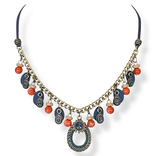 Colar curto c/ cordão e berloques - marinho, bege e terracota 12737