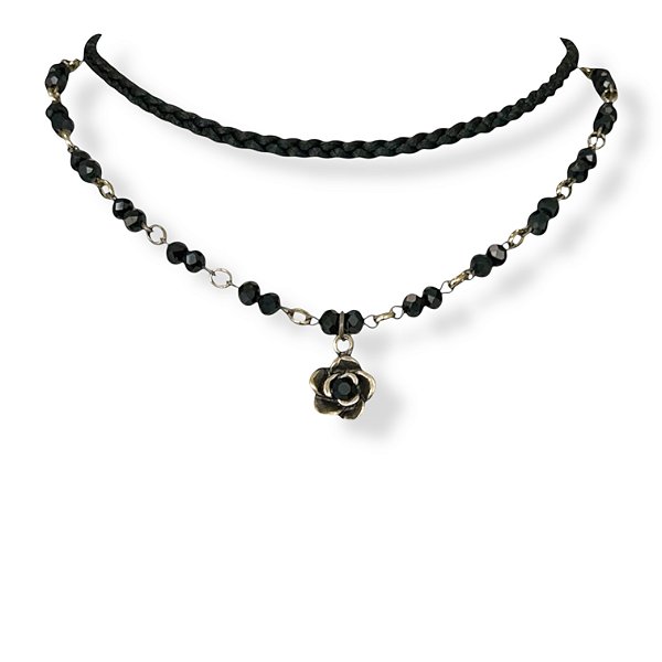 Choker 2 voltas c/ trança, cristais e rosinha c/ strass - preto 12779
