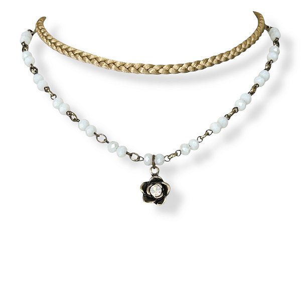 Choker 2 voltas c/ trança, cristais e rosinha c/ strass - branco e dourado 12780