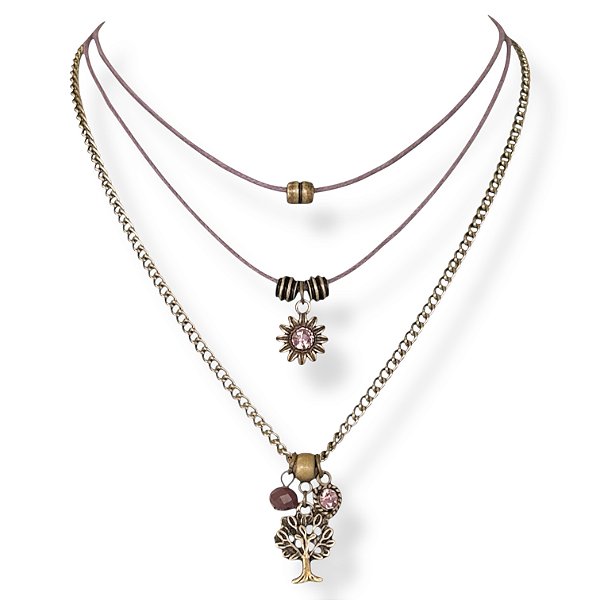 Colar curto 3 voltas c/ cordões, corrente e berloques - ametista 12786