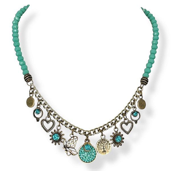 Colar curto c/ cristais, berloques e strass - turquesa 12792